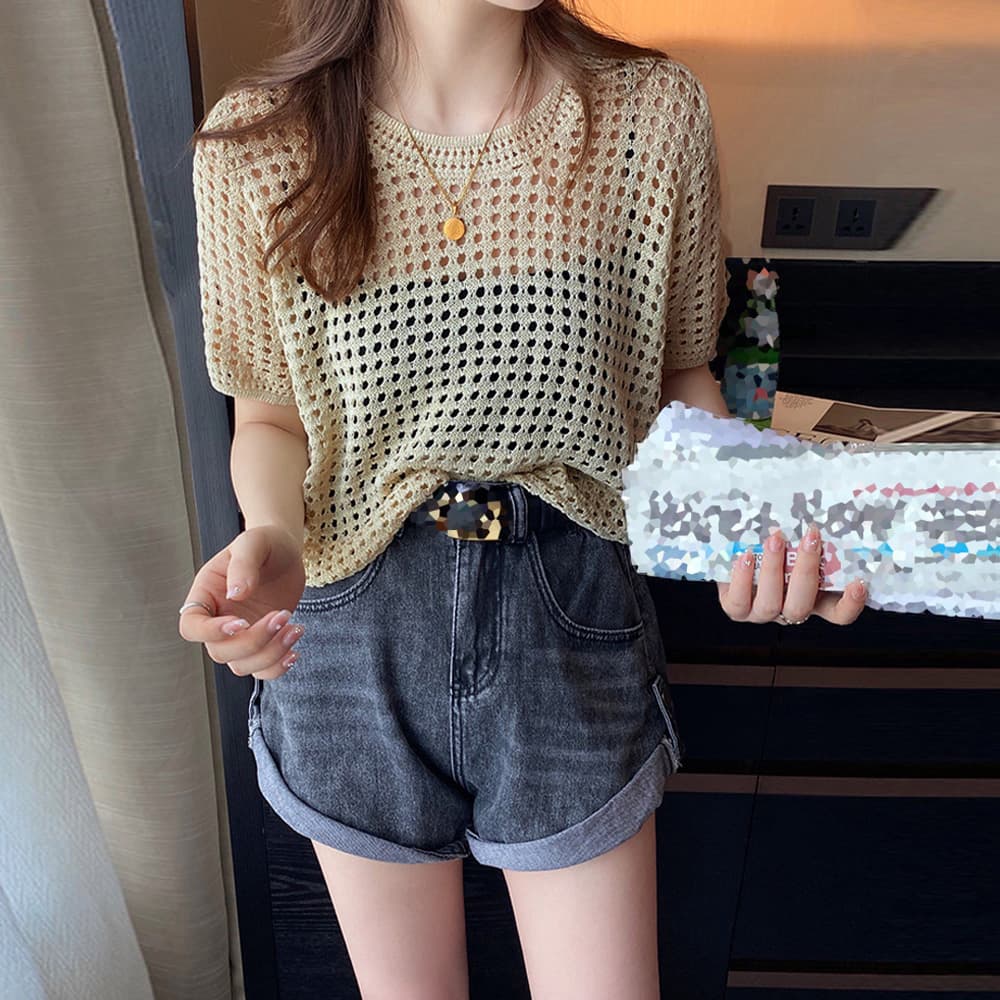 イエベ春/イエベ秋服　透かし編みニット レディースTシャツ