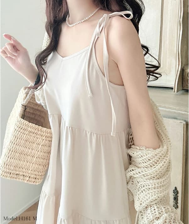 イエベ春/イエベ秋服　肩リボン付きティアードキャミソールワンピース