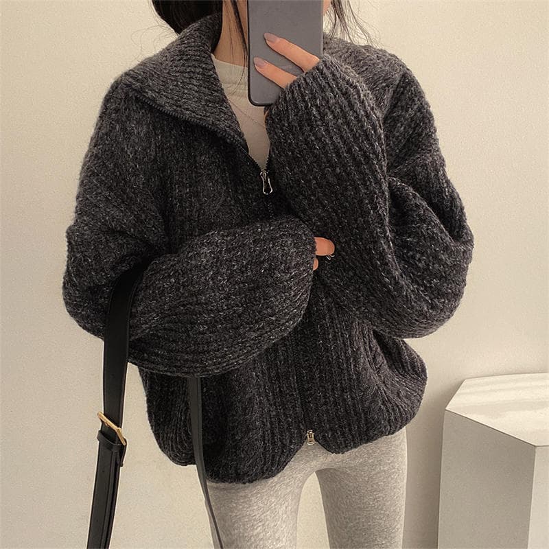 イエベ春/イエベ秋服　ケーブル編みジップアップニット