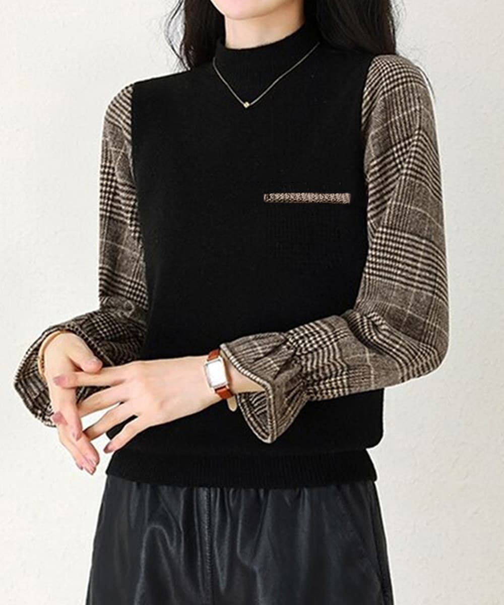イエベ春/イエベ秋服　格子柄袖切替ハイネックニット秋冬レディース
