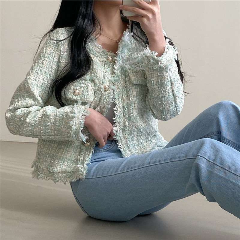 イエベ春/イエベ秋服　ツイード風フリンジトリムジャケット