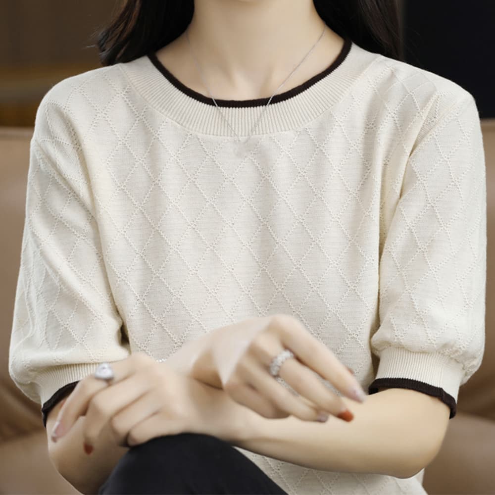 イエベ秋服　バイカラーパイピング ひし形柄 サマーニット 半袖