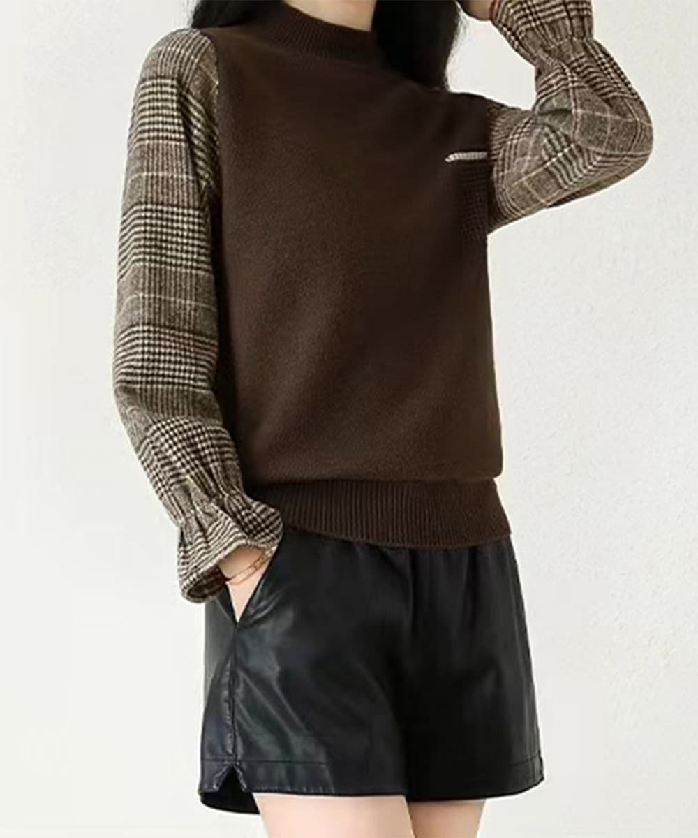イエベ春/イエベ秋服　格子柄袖切替ハイネックニット秋冬レディース