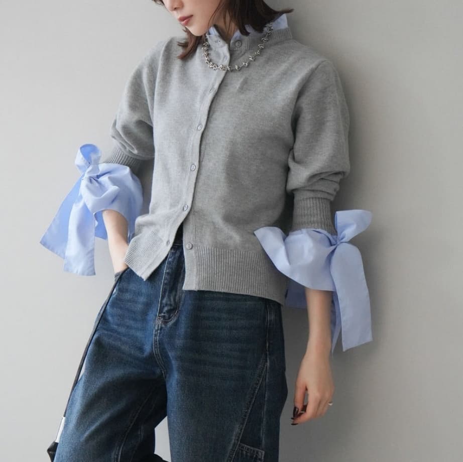 イエベ春服　リボン切り替えニットカーディガン重ね着風