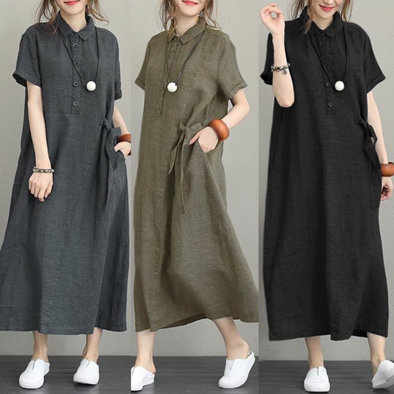 イエベ秋服　ナチュラルリネン調襟付き半袖ロングシャツワンピース