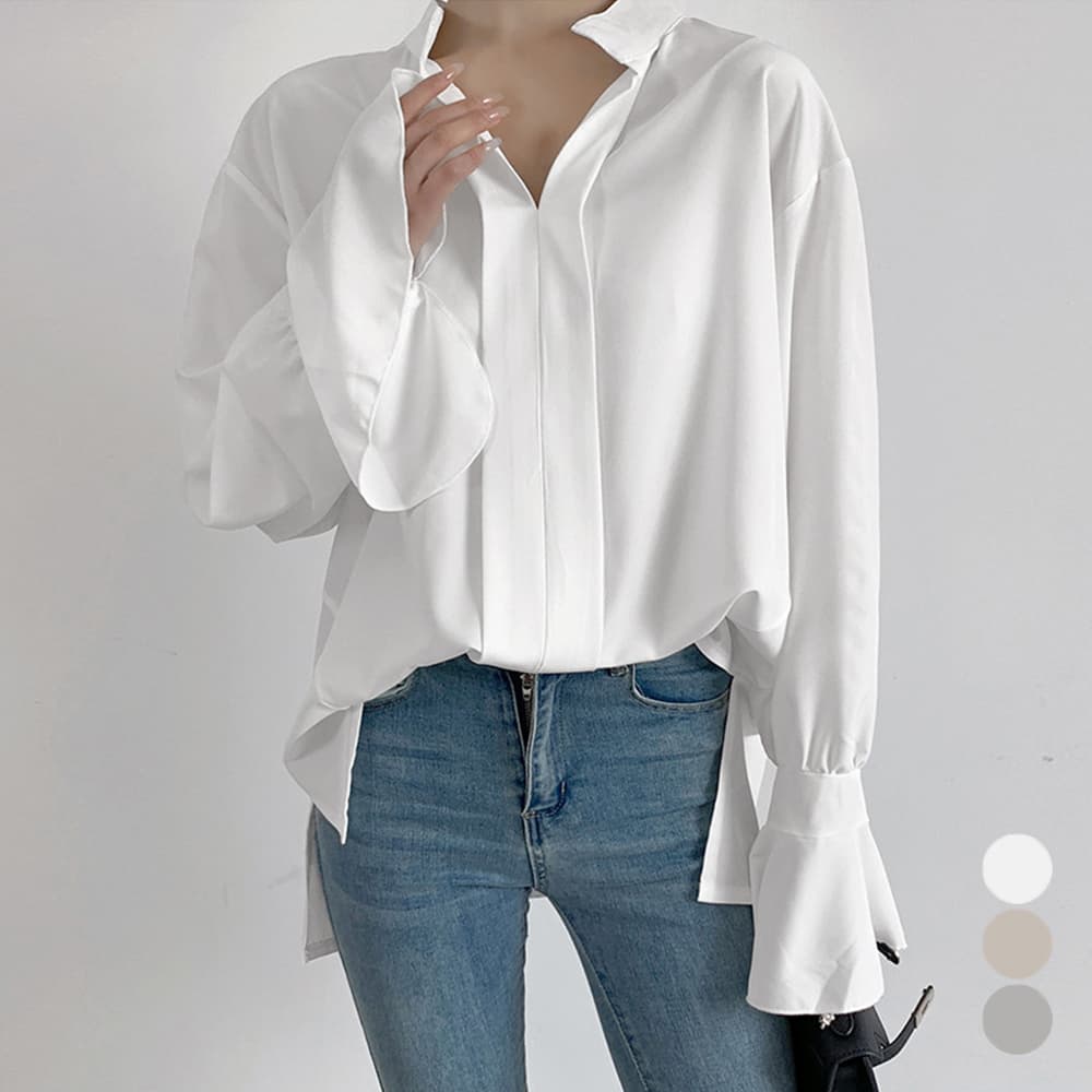 イエベ春/イエベ秋服　袖口フレア ゆったりシャツブラウス レディース上品