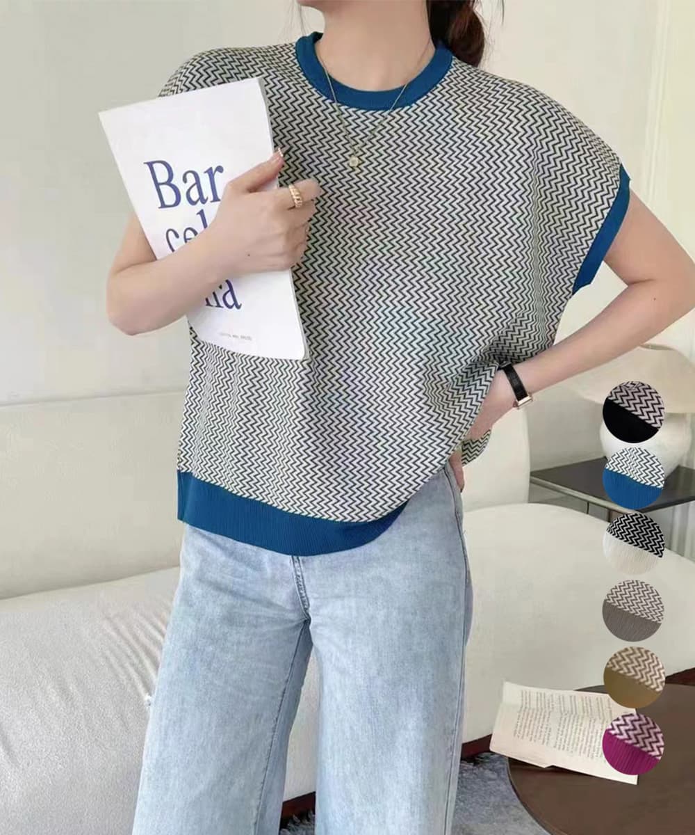イエベ春/イエベ秋服　涼やか幾何学柄ニット フレンチスリーブ
