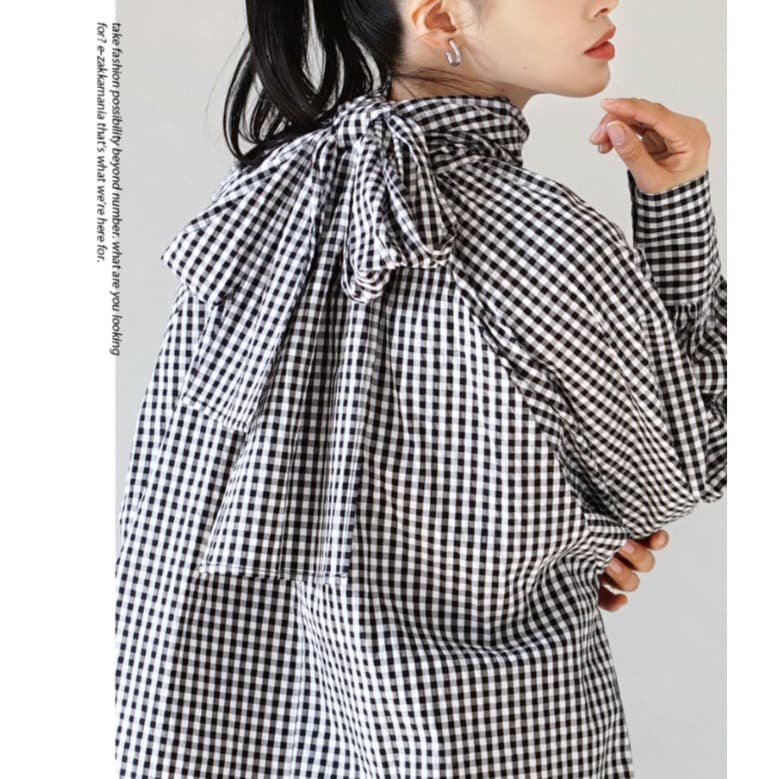 イエベ春/イエベ秋服　格子柄リボン付きボリューム袖ブラウス