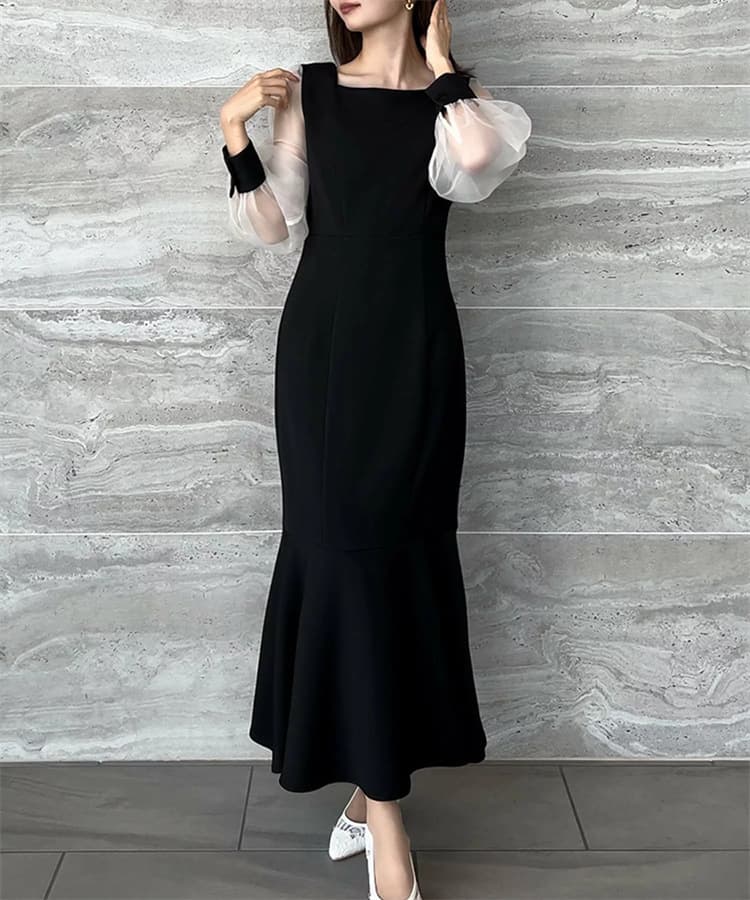 イエベ春/イエベ秋服　異素材切替ワンピース 長袖マーメイド風ロング丈