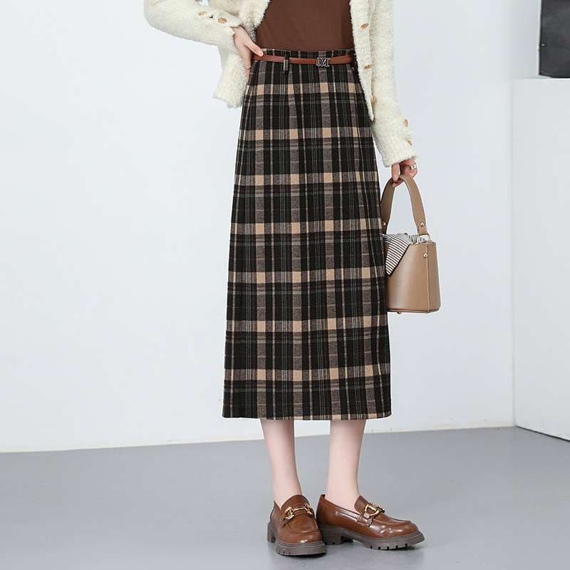 イエベ秋服　チェック柄プリーツロングスカート