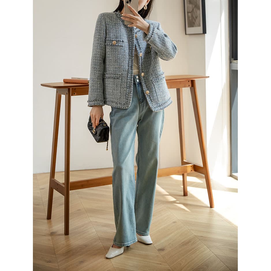 上品ツイード調ノーカラージャケット