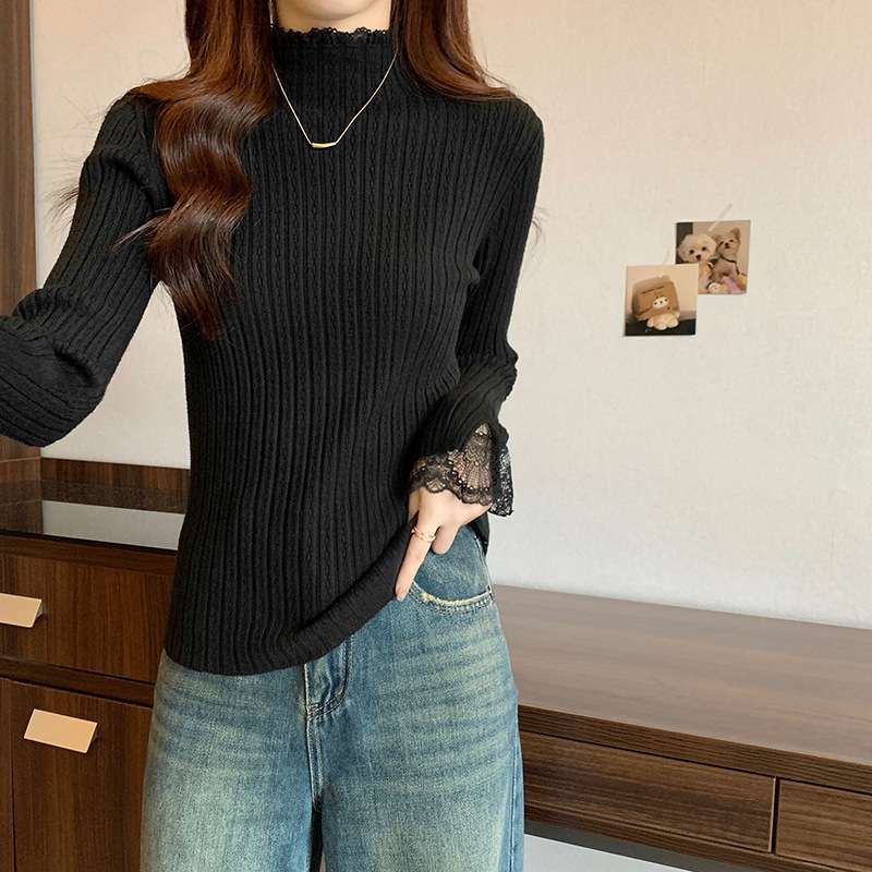 イエベ春/イエベ秋服　レース袖リブニットトップス