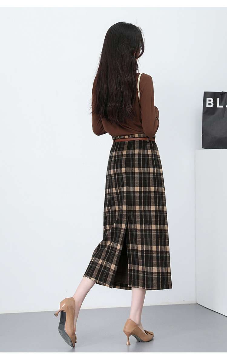 イエベ秋服　チェック柄プリーツロングスカート