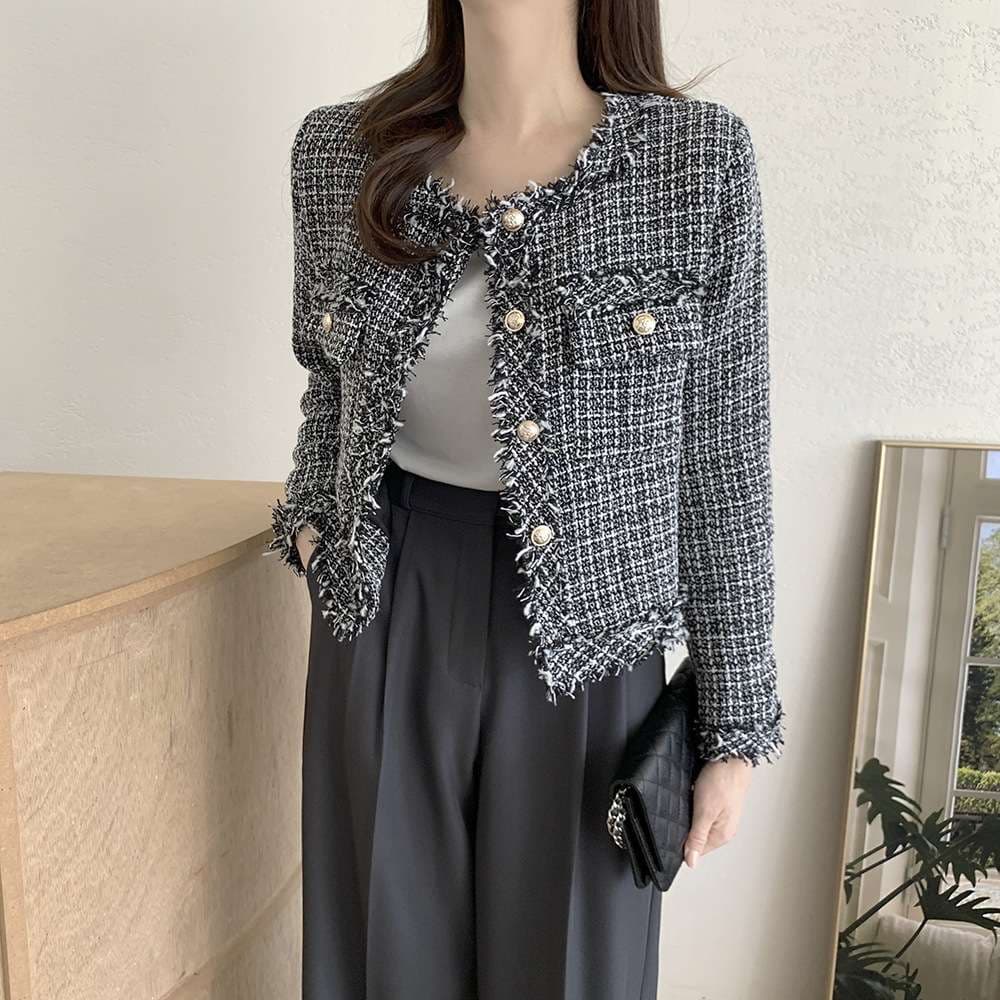 イエベ春/イエベ秋服　ツイード風フリンジトリムジャケット