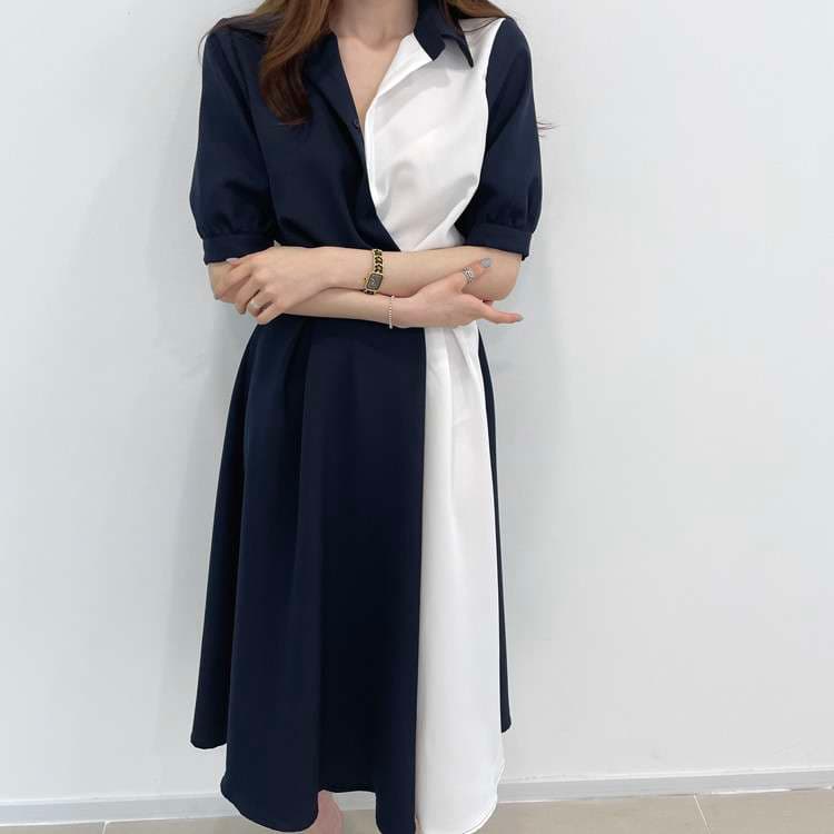イエベ春/イエベ秋服　ドレープ切替ベルテッドワンピース