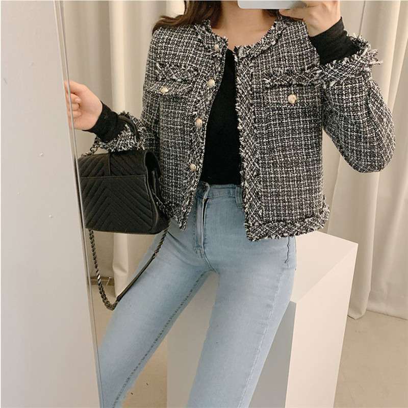 イエベ春/イエベ秋服　ツイード風フリンジトリムジャケット