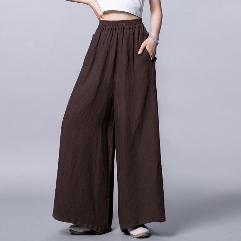 イエベ春/イエベ秋服　 綿麻素材ゆったりワイドパンツ体型カバー