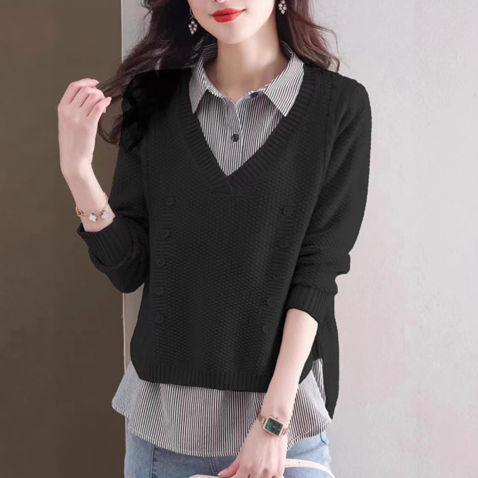イエベ春/イエベ秋服　襟付きシャツ重ね着風ニット