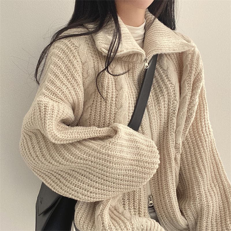 イエベ春/イエベ秋服　ケーブル編みジップアップニット