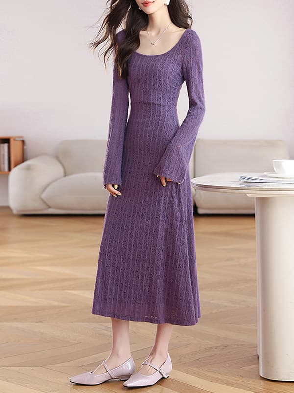 イエベ春/イエベ秋服　ケーブル編みニット長袖ミディ丈ワンピース