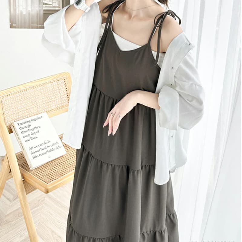 イエベ春/イエベ秋服　肩リボン付きティアードキャミソールワンピース