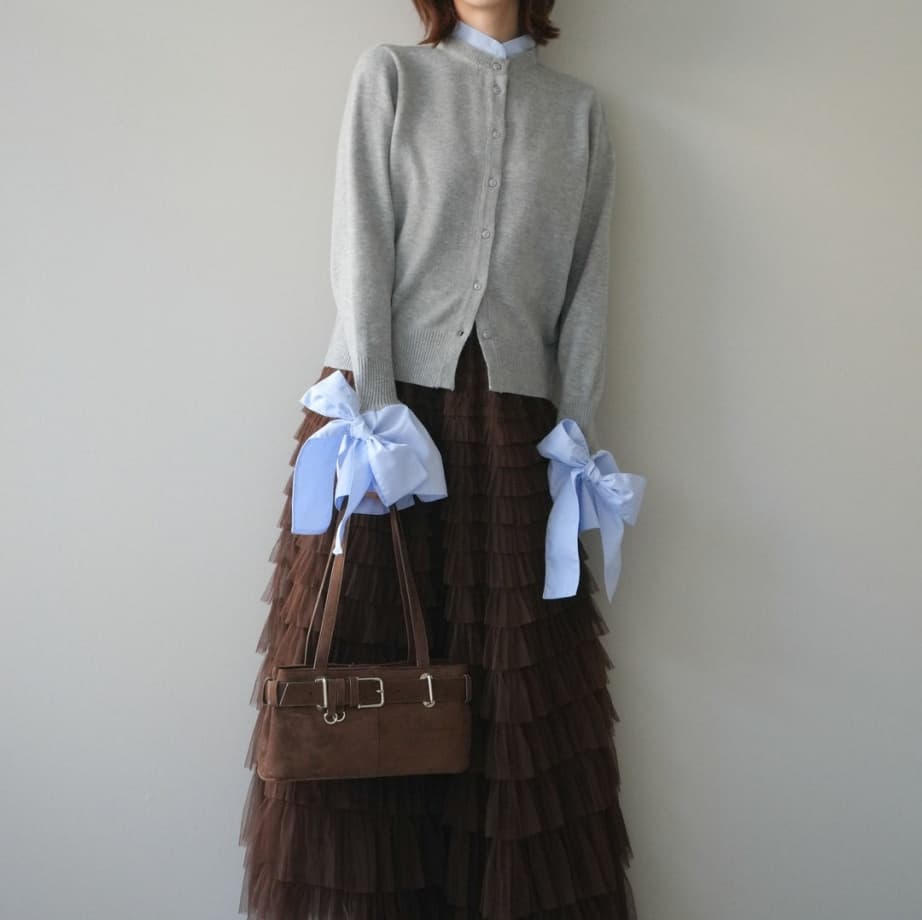 イエベ春服　リボン切り替えニットカーディガン重ね着風