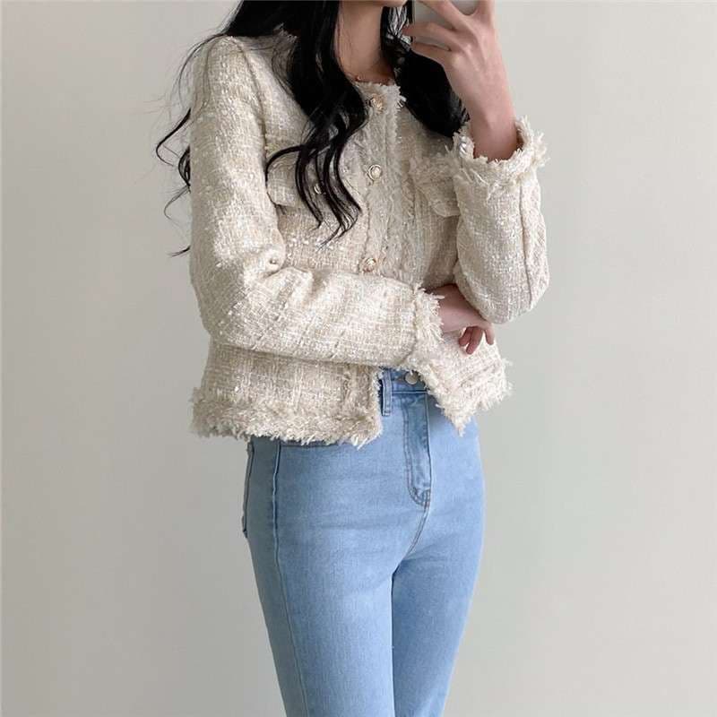 イエベ春/イエベ秋服　ツイード風フリンジトリムジャケット