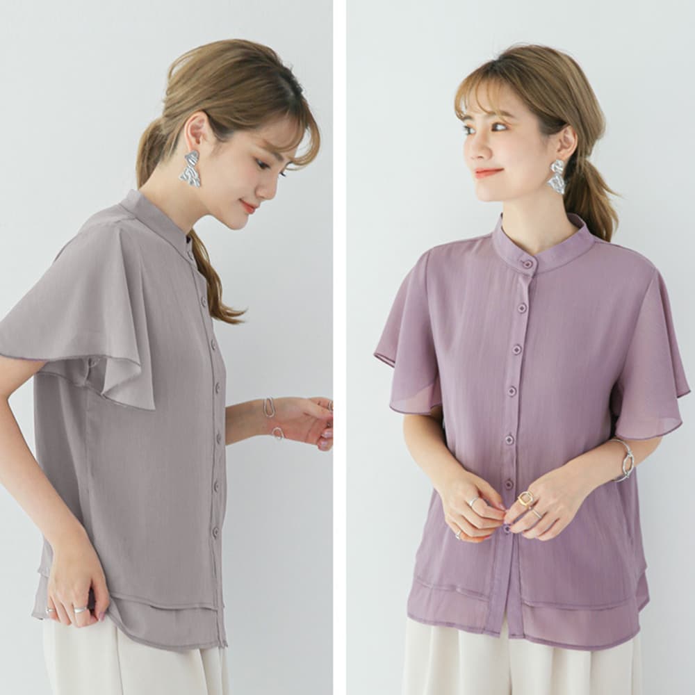 イエベ春/イエベ秋服　フレア袖 バンドカラーシャツブラウス