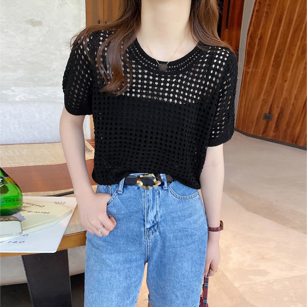 イエベ春/イエベ秋服　透かし編みニット レディースTシャツ