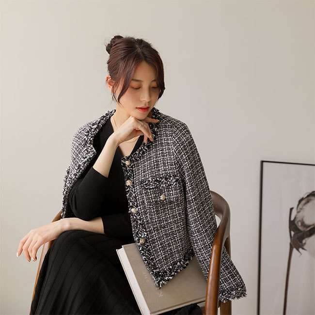 イエベ春/イエベ秋服　ツイード風フリンジトリムジャケット