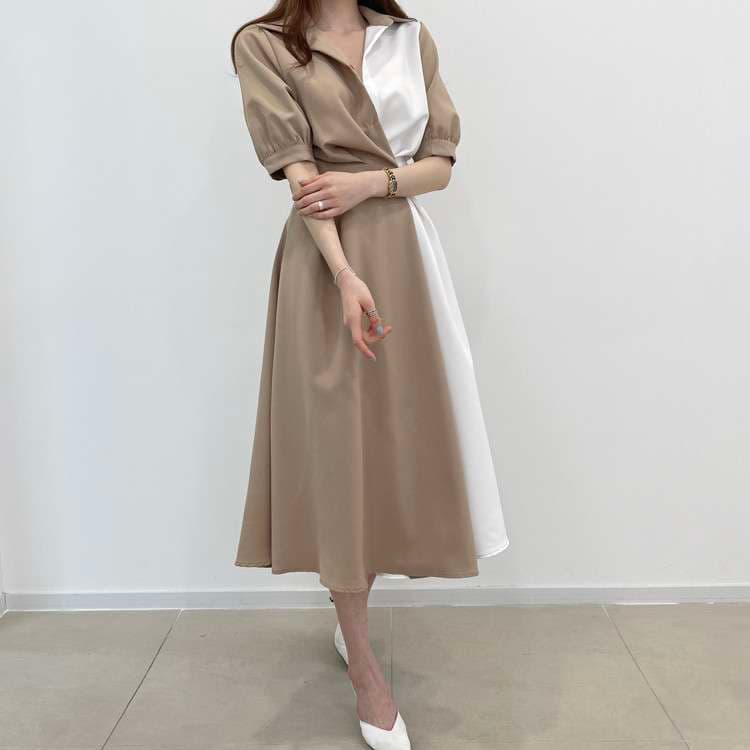イエベ春/イエベ秋服　ドレープ切替ベルテッドワンピース