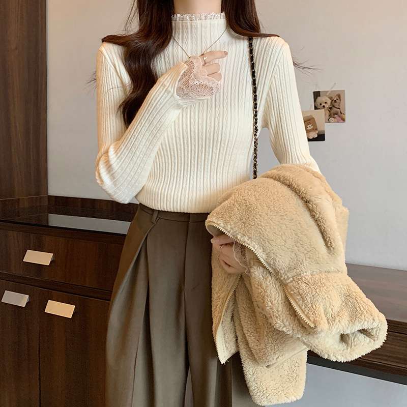 イエベ春/イエベ秋服　レース袖リブニットトップス