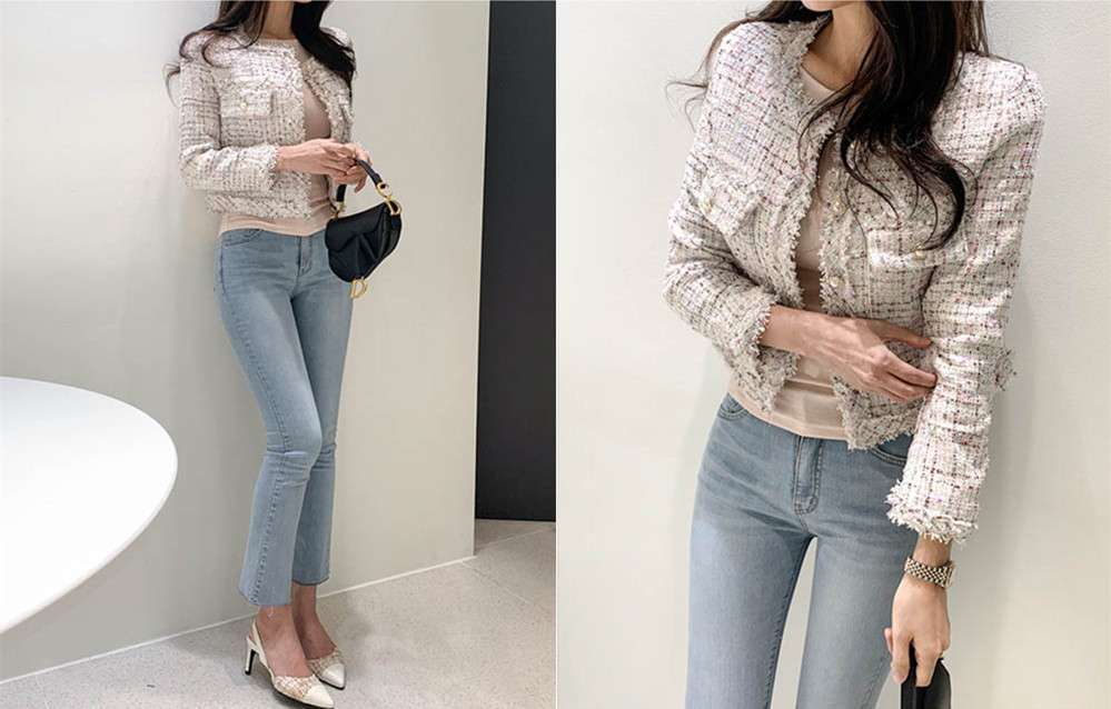 イエベ春/イエベ秋服　ツイード風フリンジトリムジャケット