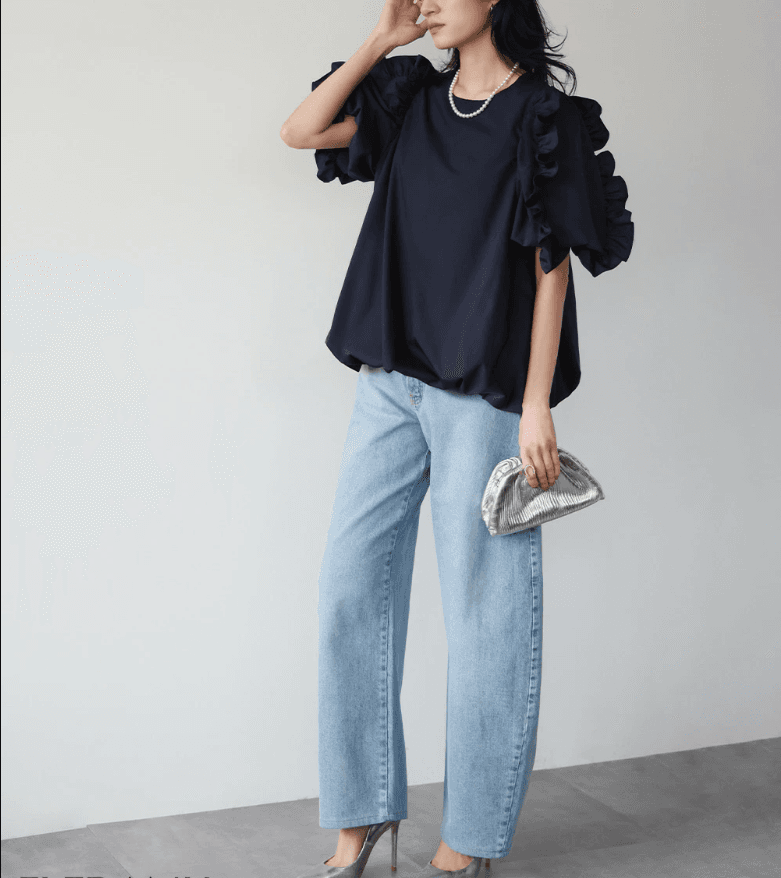 イエベ春服　華やか袖フリルゆったりブラウス