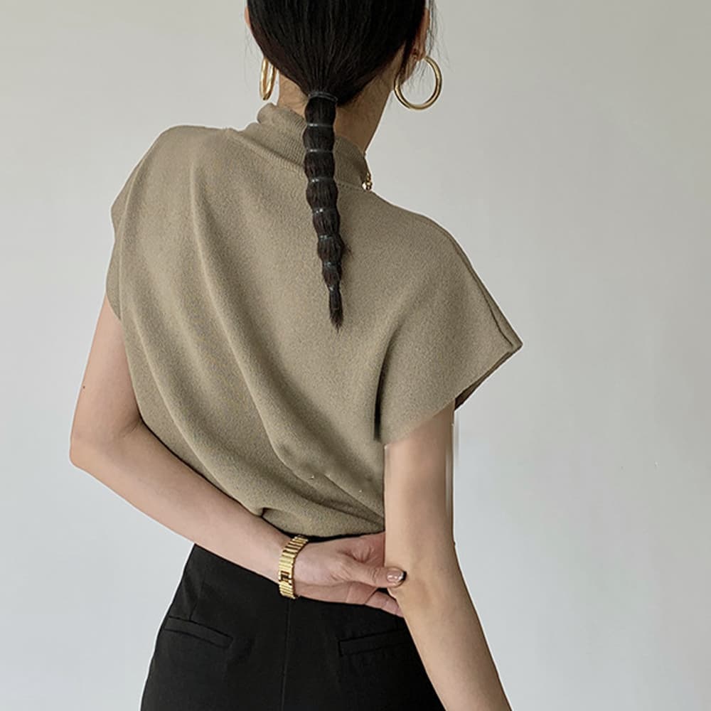 イエベ春/イエベ秋服　高品質ニット ハイネック フレンチスリーブ