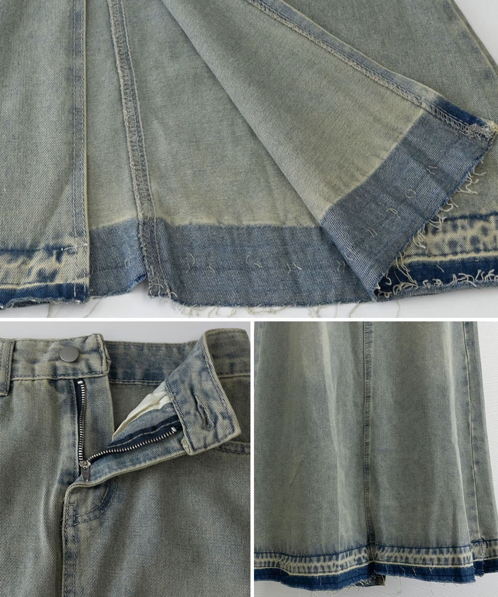 イエベ春/イエベ秋服　 切りっぱなし裾フリンジ長丈デニムスカート 韓国風