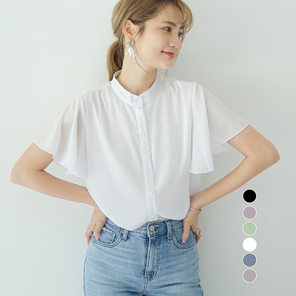 イエベ春/イエベ秋服　フレア袖 バンドカラーシャツブラウス