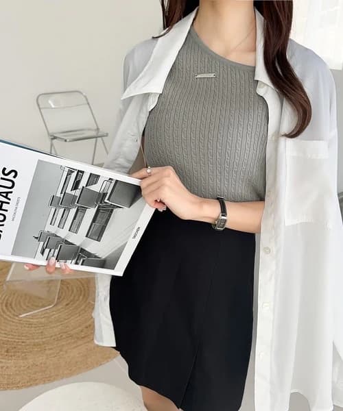 イエベ春/イエベ秋服　リボンネックケーブル編みニット