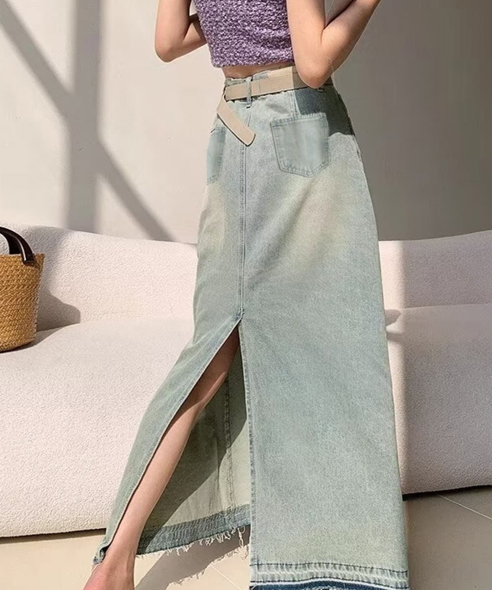 イエベ春/イエベ秋服　 切りっぱなし裾フリンジ長丈デニムスカート 韓国風