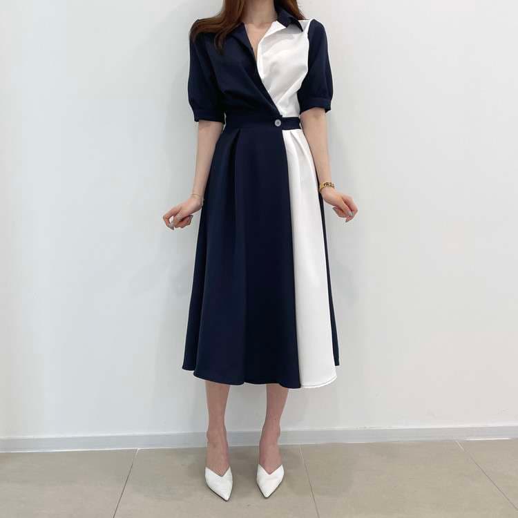 イエベ春/イエベ秋服　ドレープ切替ベルテッドワンピース