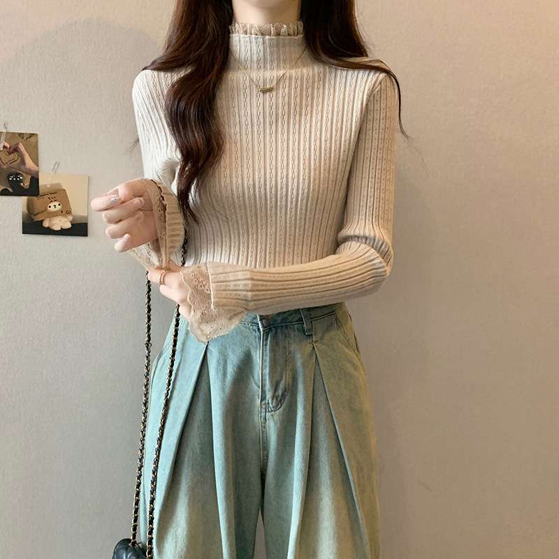 イエベ春/イエベ秋服　レース袖リブニットトップス