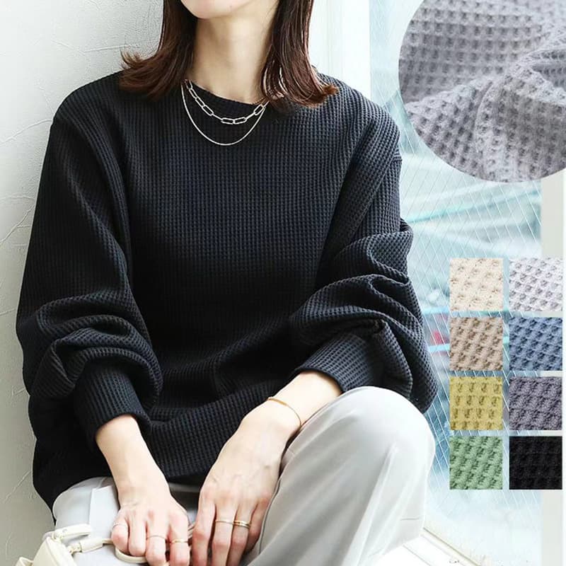 イエベ春/イエベ秋服　ふんわり袖のワッフル風ニット