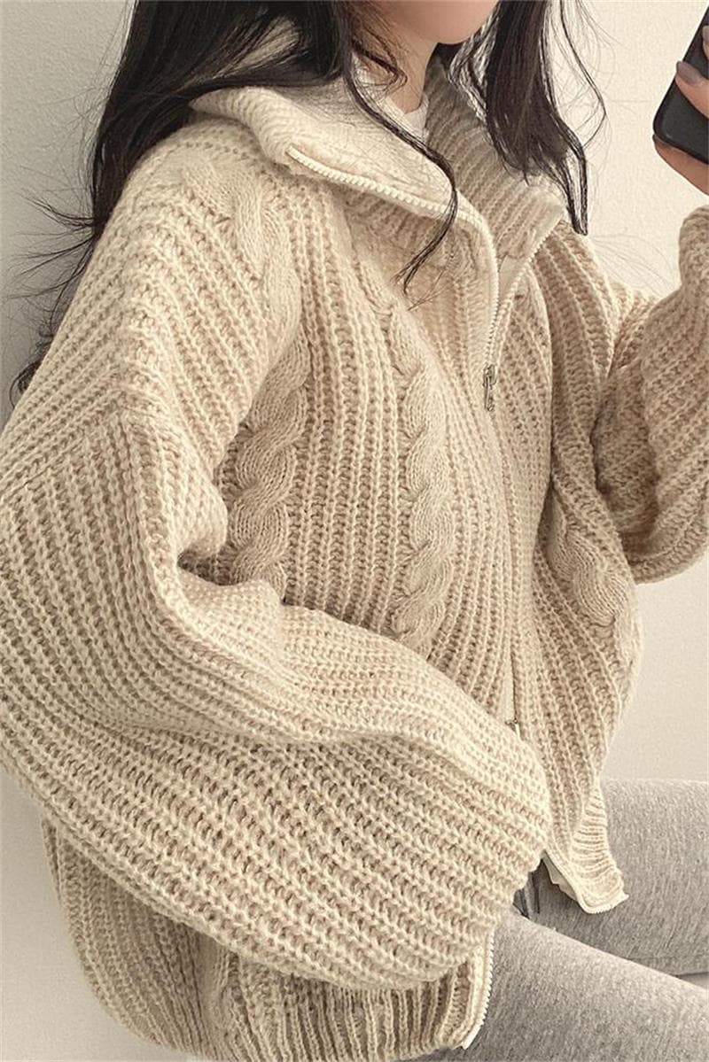 イエベ春/イエベ秋服　ケーブル編みジップアップニット