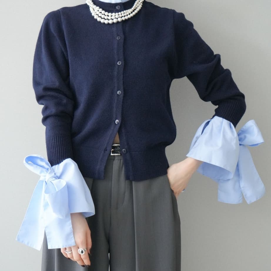 イエベ春服　リボン切り替えニットカーディガン重ね着風