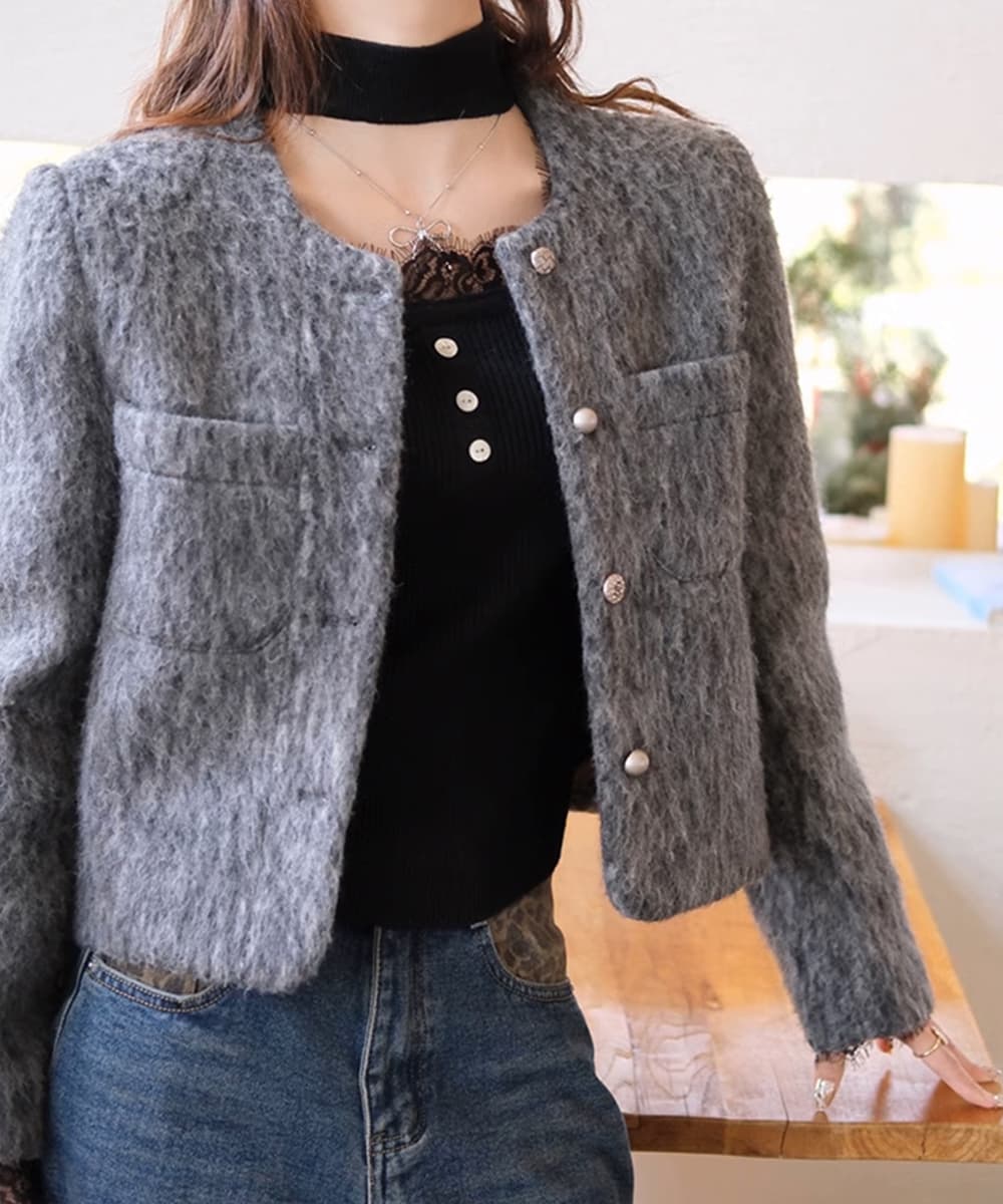 イエベ春服　レース切替チョーカー風ニットリブトップス