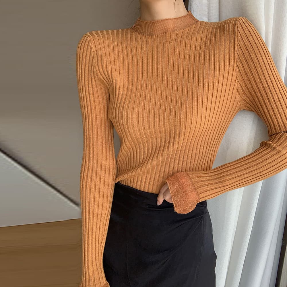 イエベ春/イエベ秋服　袖レース付きリブニット長袖セーター女性用