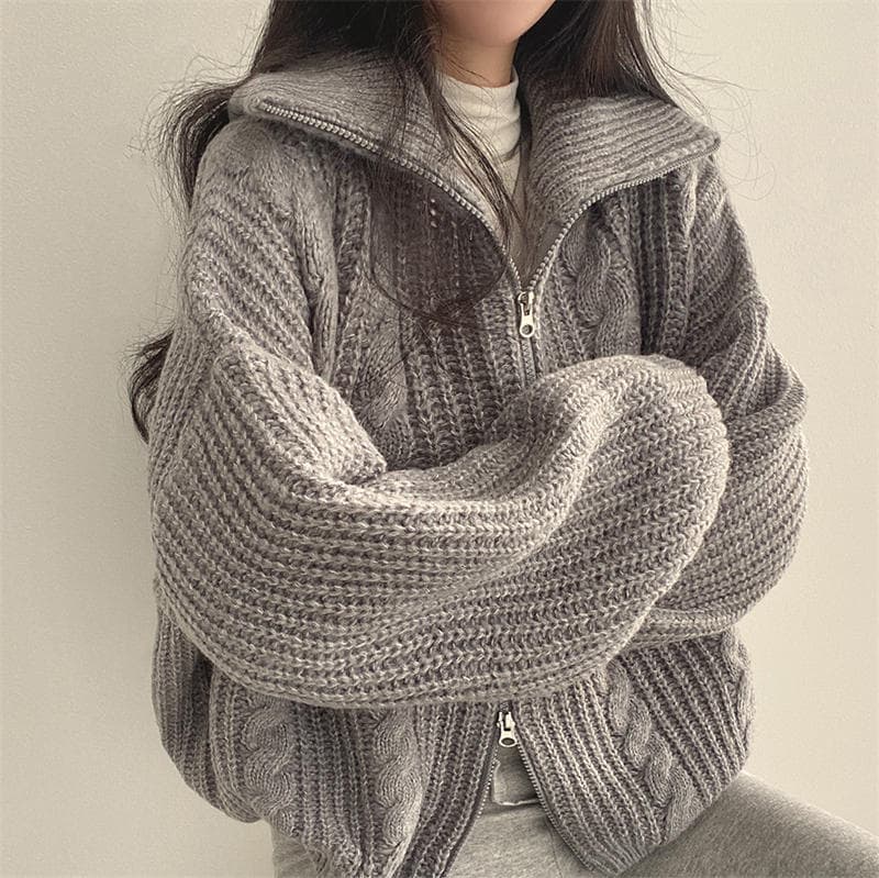 イエベ春/イエベ秋服　ケーブル編みジップアップニット