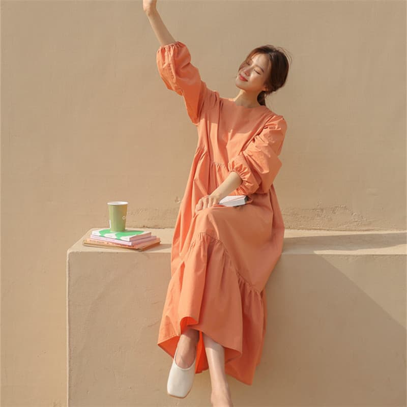 イエベ春/イエベ秋服　ふんわり袖のゆったりティアードワンピース