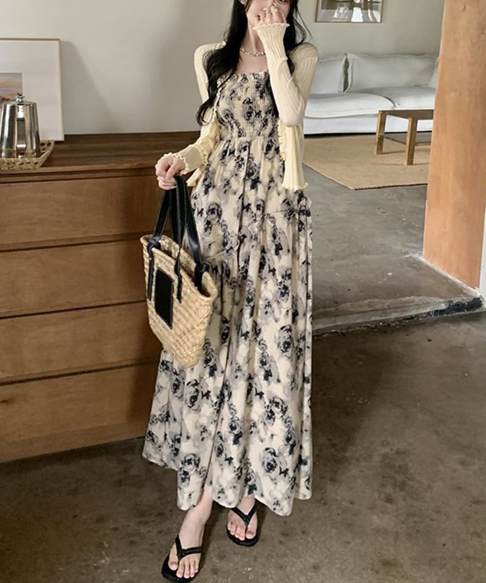 イエベ春/イエベ秋服　花柄シャーリング キャミワンピース ロング丈