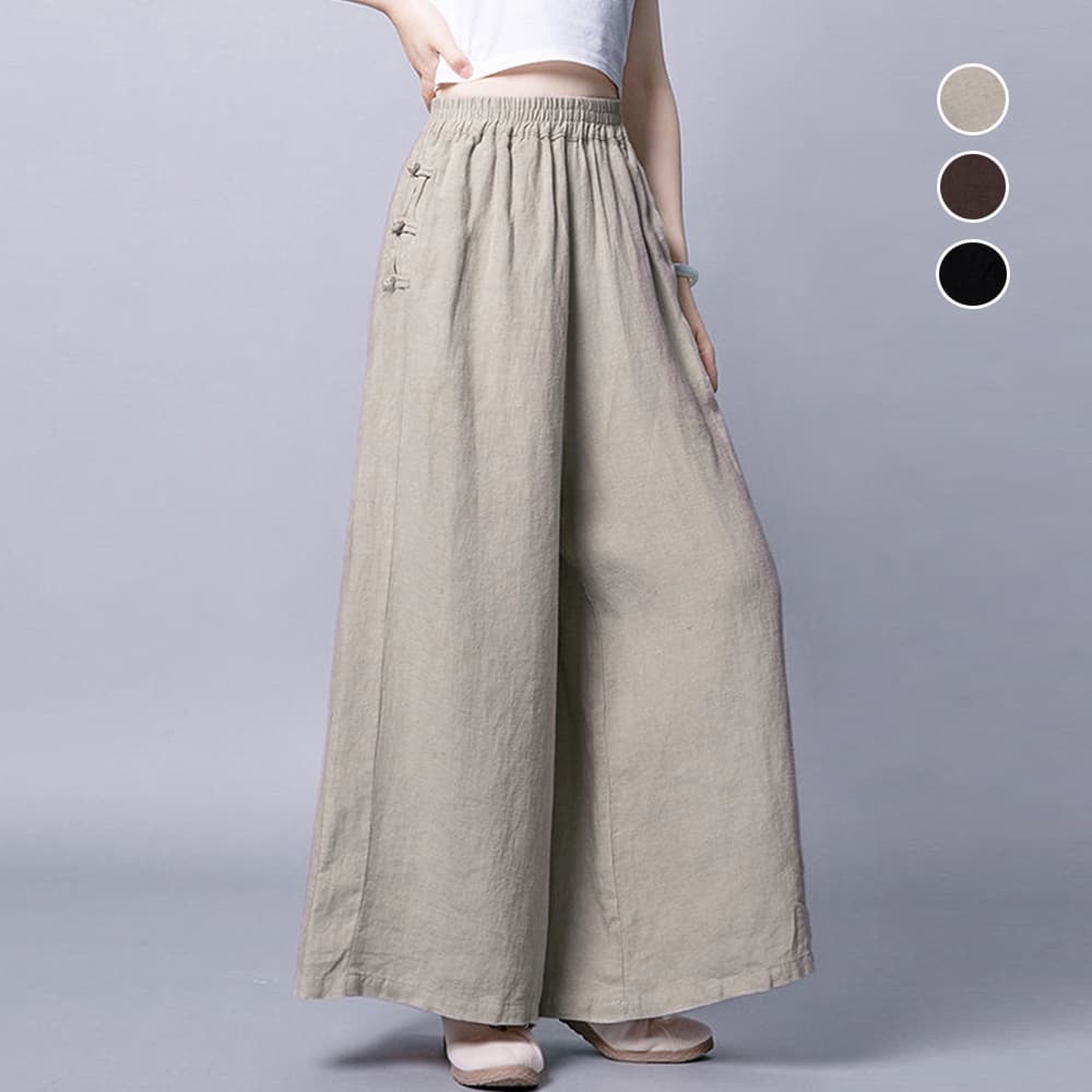 イエベ春/イエベ秋服　 綿麻素材ゆったりワイドパンツ体型カバー